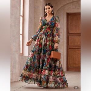 Shein Toleen Floral Chiffon Long Sleeve Ruffle Trim Maxi Dress NWT